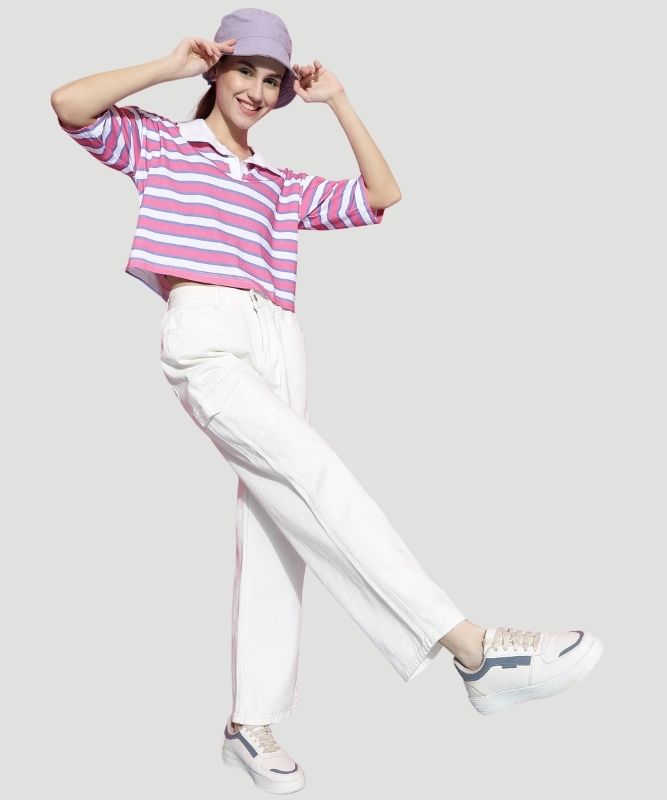 Women's Multicolor Striped Half Sleeves Loose Fit Top